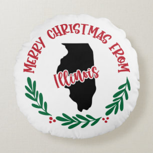 Merry Christmas From Illinois US Red Green White  Round Cushion