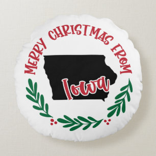 Merry Christmas From Iowa US Red Green White  Round Cushion