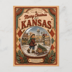 Merry Christmas from Kansas Vintage Snow Globe Holiday Postcard