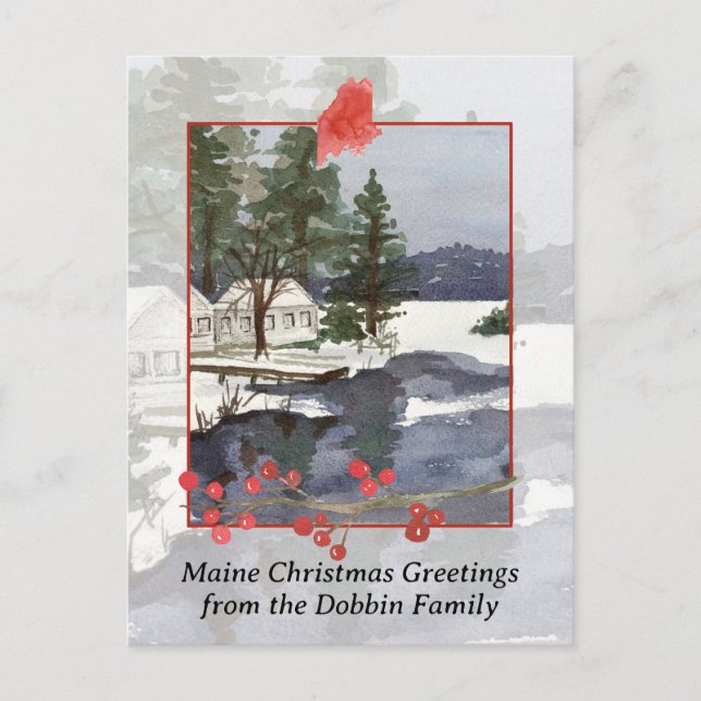 Merry Christmas from Maine Lake Cabin Holiday Postcard (Front)