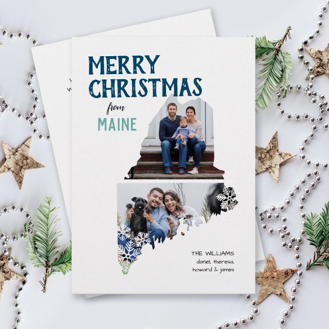 Merry Christmas from Maine Two Photo Holiday Card (From Maine with love two photo Christmas holiday card for families, moving announcement )