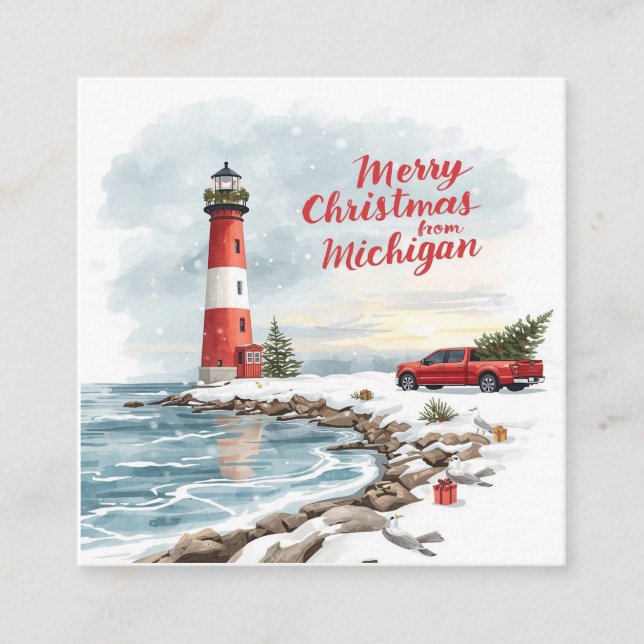 Merry Christmas from Michigan – Coastal Lighthouse Square Business Card (Front)