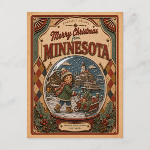 Merry Christmas from Minnesota Vintage Snow Globe Holiday Postcard