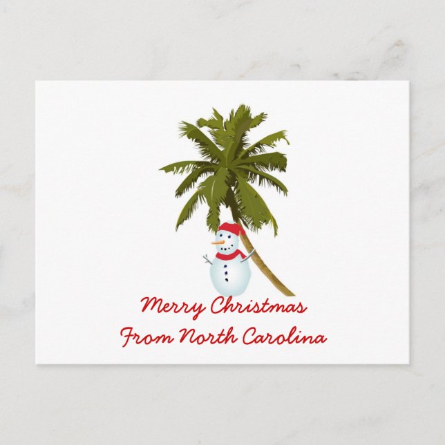 Merry Christmas from N. Carolina, Snowman palm Holiday Postcard (Front)