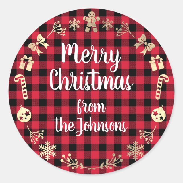 Merry Christmas From Name Gold Buffalo Red Plaid Classic Round Sticker (Front)