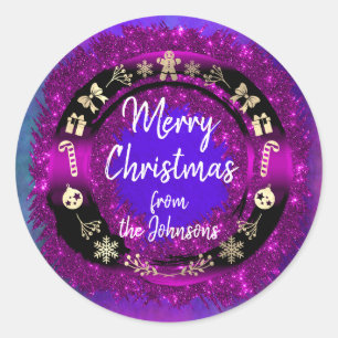 Merry Christmas From Name Holographic Purple Classic Round Sticker