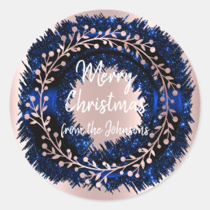 Merry Christmas From Name Navy Glitter Rose Wreath Classic Round Sticker