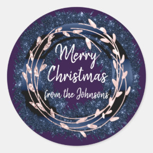 Merry Christmas From Name Navy Purple Rose Wreath Classic Round Sticker