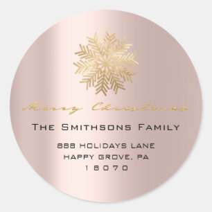 Merry Christmas From Name Rose Gold RSVP Snowflake Classic Round Sticker