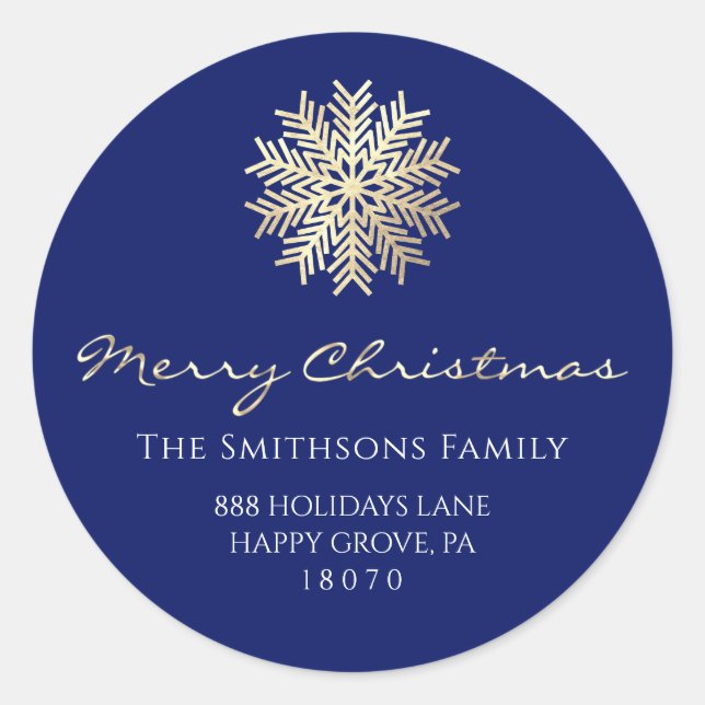 Merry Christmas From Navy Gold RSVP Snowflake Classic Round Sticker (Front)