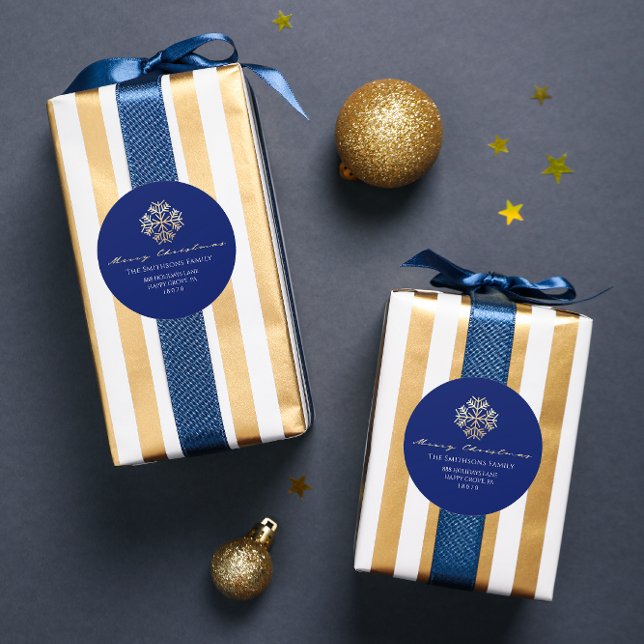 Merry Christmas From Navy Gold RSVP Snowflakes Classic Round Sticker (Merry Christmas From Navy Gold RSVP Snowflakes Classic Round Sticker)