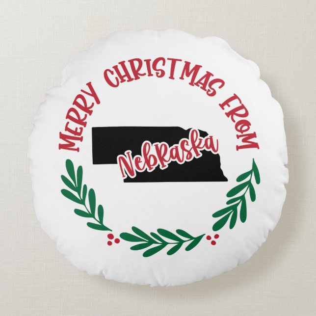 Merry Christmas From Nebraska US Red Green Round Cushion (Front)