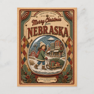 Merry Christmas from Nebraska Vintage Snow Globe Holiday Postcard