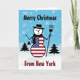 Merry Christmas From New York Snowman US Flag Holiday Card