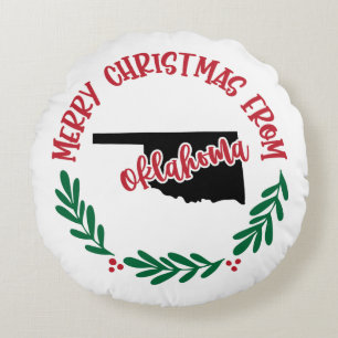Merry Christmas From Oklahoma US Red Green White Round Cushion