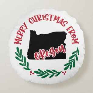 Merry Christmas From Oregon US Red Green White Round Cushion