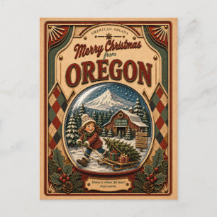 Merry Christmas from Oregon Vintage Snow Globe Holiday Postcard