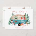 Merry Christmas From Our Camper to Yours Holiday Card<br><div class="desc">From Our Camper to Yours - Cute vintage camper in ivory and blue decorated for Christmas surrounded by snow-covered trees,  snowman,  packages,  and wildlife. Personalise with your own text front and back.</div>