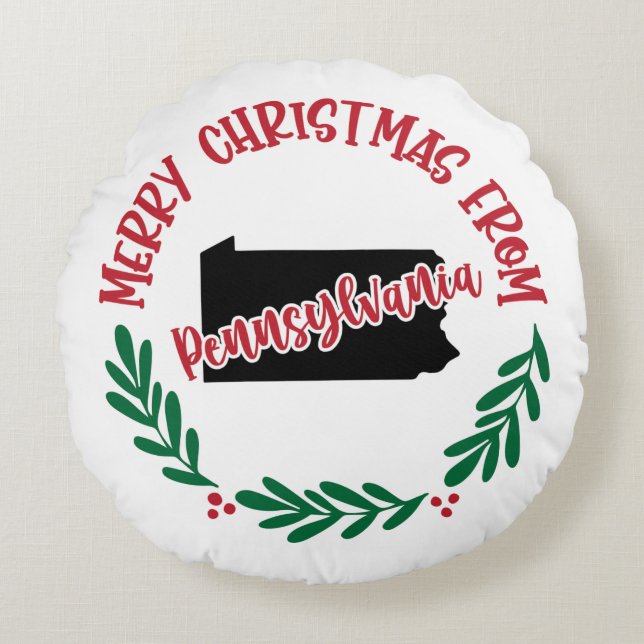 Merry Christmas From Pennsylvania US Red Green Round Cushion (Front)