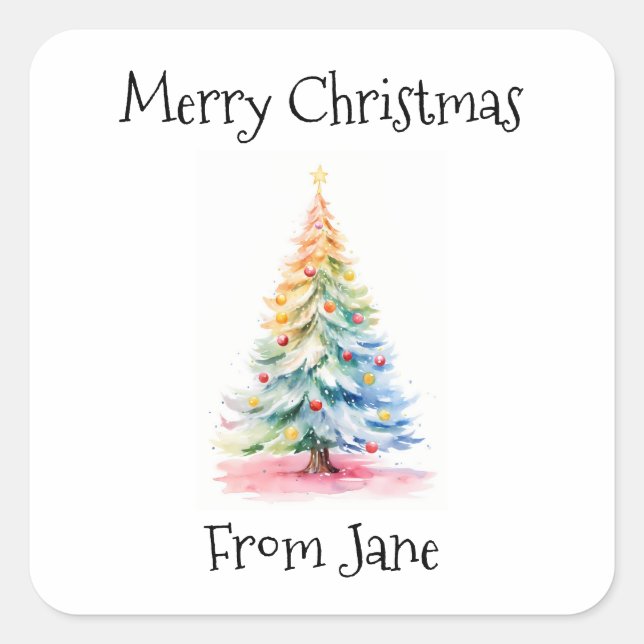Merry Christmas from Rainbow Watercolor Tree Square Sticker (Front)