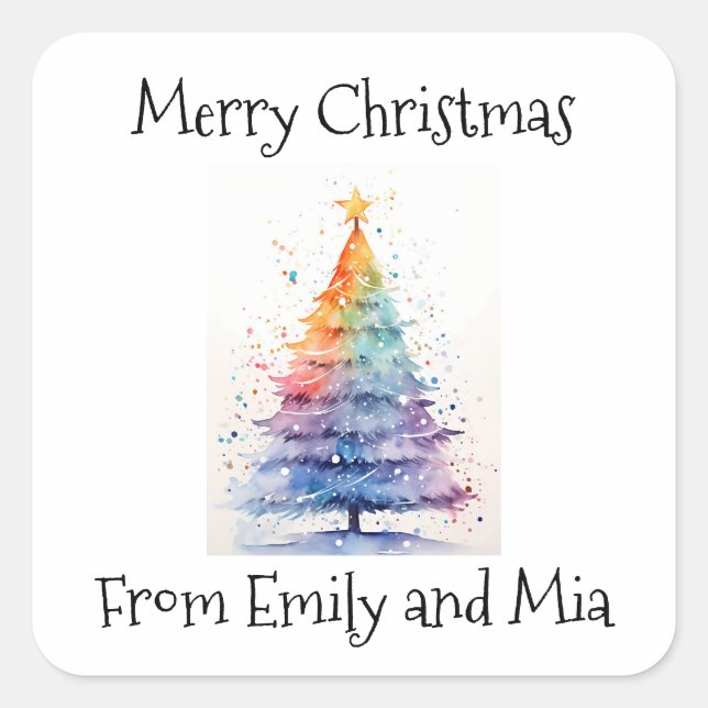 Merry Christmas from Rainbow Watercolor Tree Square Sticker (Front)