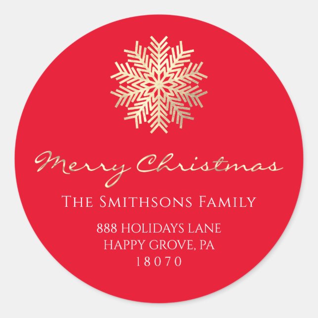 Merry Christmas From Red Gold RSVP Snowflake Classic Round Sticker (Front)