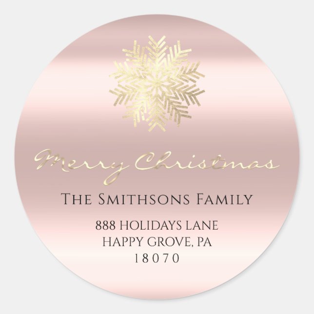 Merry Christmas From Rose Gold RSVP Snowflake Classic Round Sticker (Front)