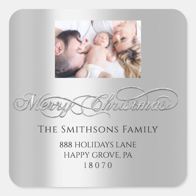 Merry Christmas From RSVP Silver Grey Photo Square Sticker (Front)