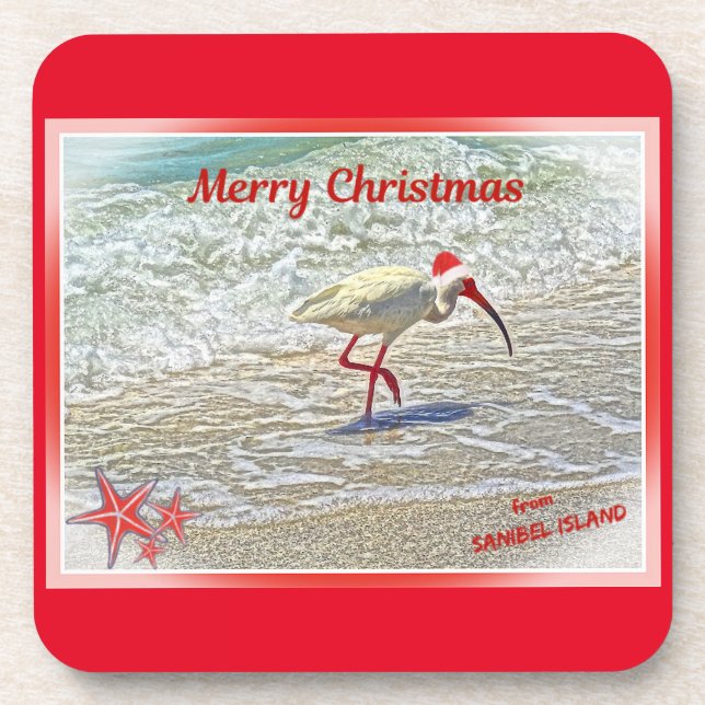 Merry Christmas from Sanibel Island FL White Ibis  Coaster (Front)