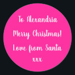Merry Christmas From Santa Hot Pink Gift Label<br><div class="desc">This is a personalised Christmas design in hot pink with white script typography. In trending colours, this festive design has the message “To Alexandria Merry Christmas! Love from Santa xxx”. It is ready for you to personalise, with space for you to add your name. You can also change the holiday...</div>