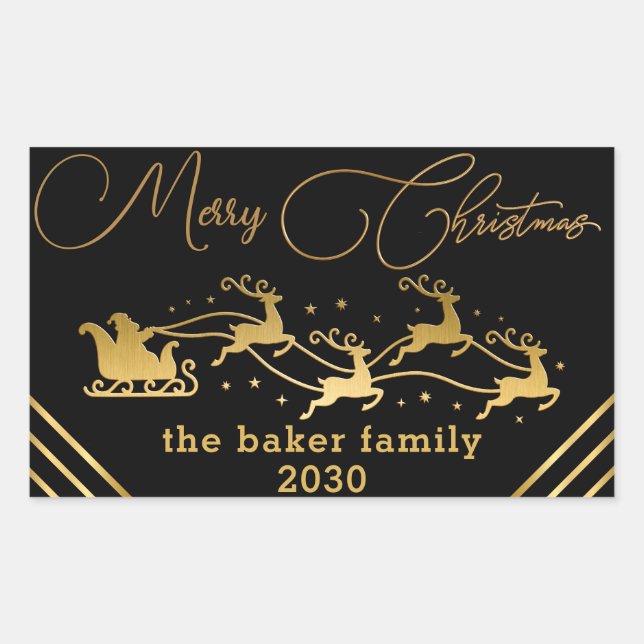 Merry Christmas From Santa Reindeer Sleight Black Rectangular Sticker (Front)