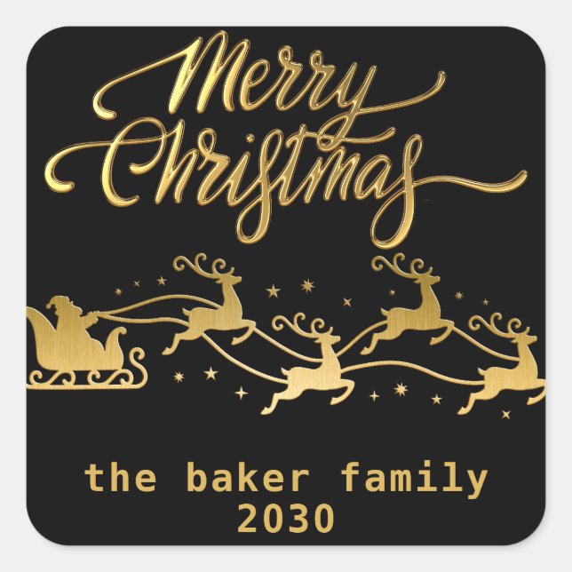 Merry Christmas From Santa Reindeer Sleight Black Square Sticker (Front)