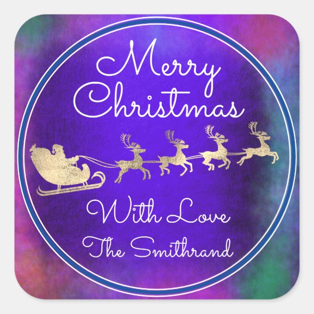 Merry Christmas From Santa Reindeer Sleight Blue Square Sticker (Front)