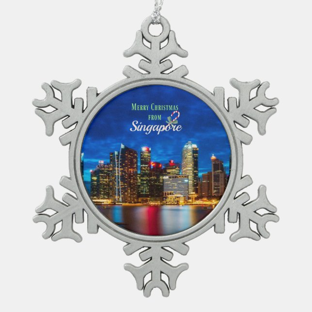 Merry Christmas from Singapore, Snowflake Pewter Christmas Ornament (Front)
