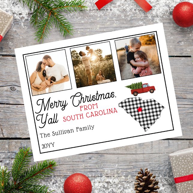 Merry Christmas from South Carolina Photo Holiday (Rustic "Merry Christmas Y'all from South Carolina" Three Photo and State Holiday Postcard)