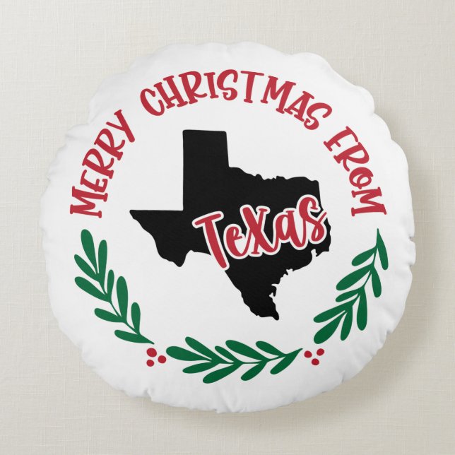 Merry Christmas From Texas US Red Green White Round Cushion (Front)