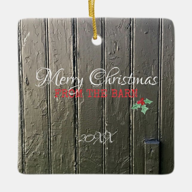 Merry Christmas from the Barn Photo Horse Farm Ceramic Ornament (Front)