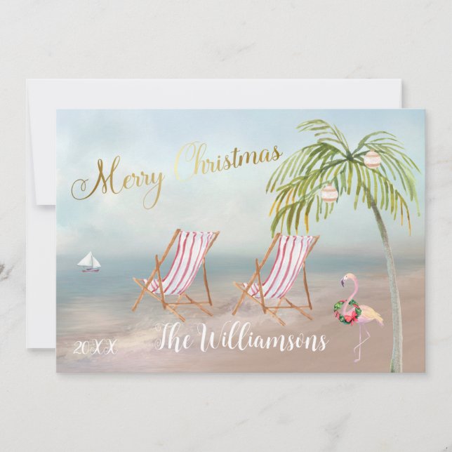 Merry Christmas From the Beach Palm Tree Flamingo Card (Front)