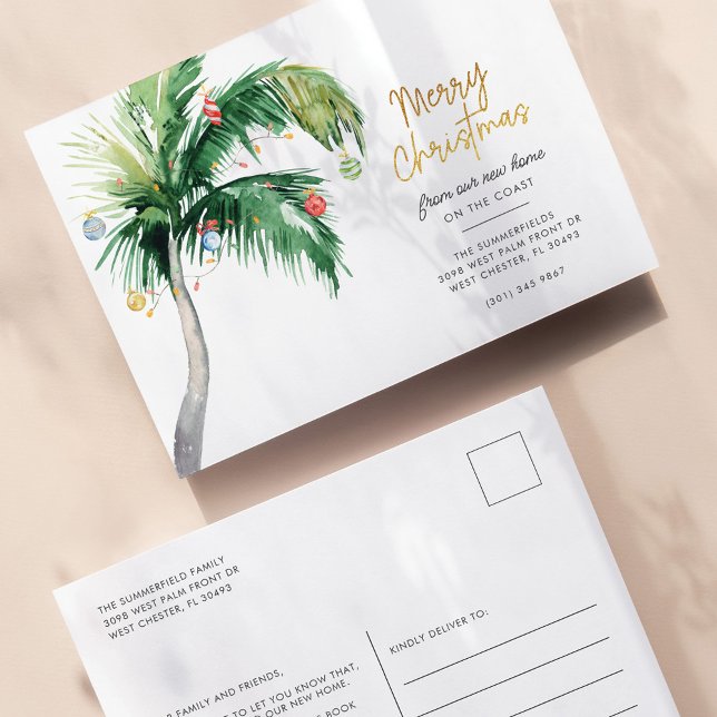 Merry Christmas From the Coast Holiday Moving Announcement Postcard (Palm Tree Script Christmas New Address Announcement Postcard)