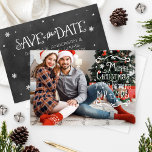 Merry Christmas From The Future Mr and Mrs Photo Save The Date<br><div class="desc">Combination Merry Christmas photo card greeting from "The Future Mr. and Mrs." and wedding save the date announcement card (details on back) features a white handwritten script / white chalk style design with black chalkboard background appearance on the back of the card. Accents of stars and snowflakes. Personalise with your...</div>