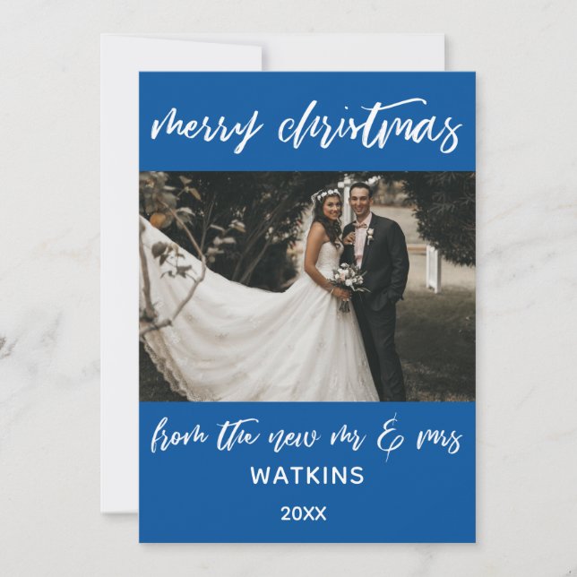 Merry Christmas from the New Mr & Mrs Photo, Blue Holiday Card (Front)