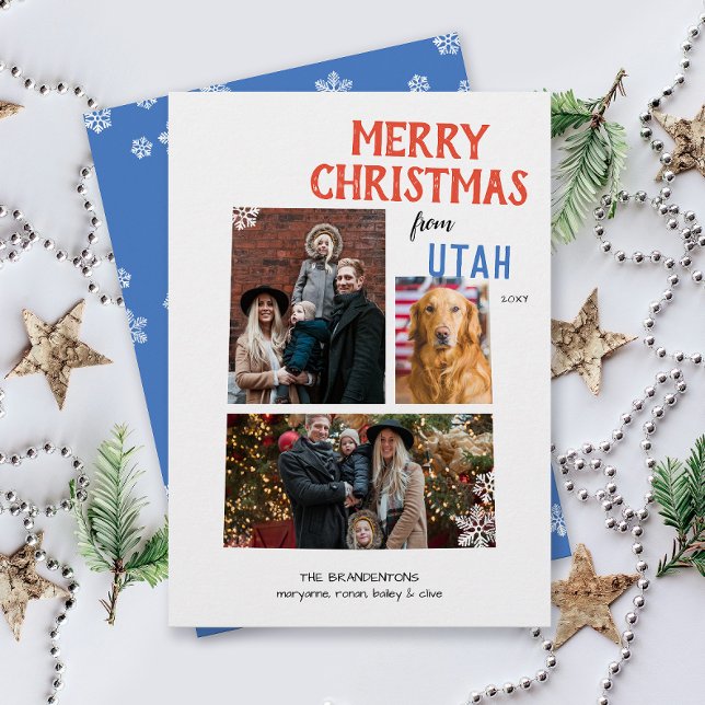 Merry Christmas from Utah Multi Photo Card (Happy Holidays Merry Christmas from Utah state pride three photo family card moving announcement)