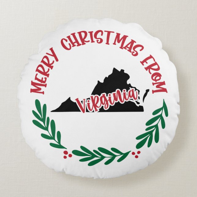 Merry Christmas From Virginia US Red Green White Round Cushion (Front)