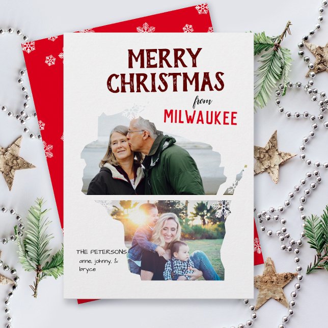 Merry Christmas from Wisconsin Two Photo Holiday Card (From Wisconsin with love two photo Christmas holiday card for families, moving announcement )