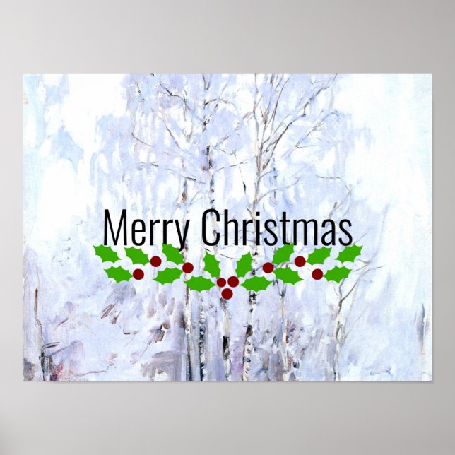 Merry Christmas, Frosty Birch Trees winter scene Poster (Front)