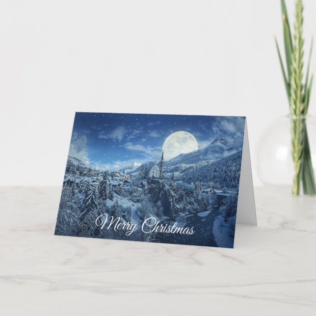 Merry Christmas Full Moon Snowy Night Card (Front)