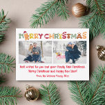merry christmas fun calligraphy 2 photos collage  card<br><div class="desc">elegant merry christmas colourful fun calligraphy two photos collage holiday card, custom.</div>