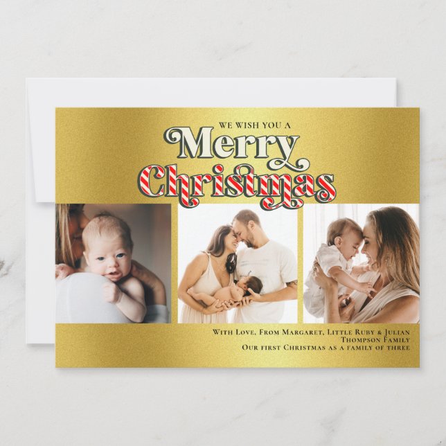 Merry Christmas Fun Candy Cane 3 Photo Faux Gold Holiday Card (Front)