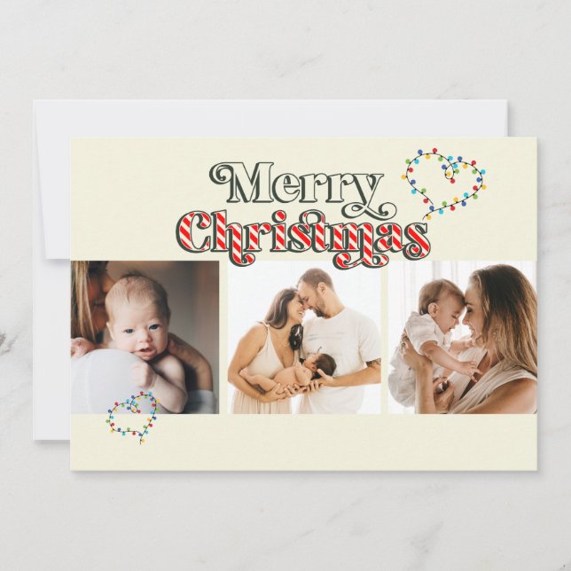 Merry Christmas Fun Candy Cane 3 Photo Off-white Holiday Card (Front)