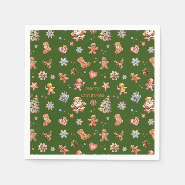 Merry Christmas Fun Cute Gingerbread Green Napkin (Front)